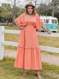 Plus Size Tassel Trim V-Neck Short Sleeve Ruffle Hem Dress