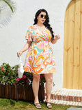 Plus Size Printed Surplice Flutter Sleeve Mini Dress