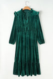 Blackish Green Velvet Frilled up Neck Ruffled High Waist Plus Size Midi Dress