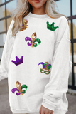 White Sequin Mardi Gras Symbol Crown Mask Patched Corded Sweatshirt