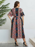 Honey Plus Size Bohemian V-Neck Tie Belt Midi Dress