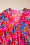 Rose Tropical Printed Lantern Sleeve V Neck Ruffled Plus Size Mini Dress