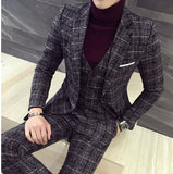 Men's three piece suit Korean version slim fit British casual trendy groom's wedding dress checkered mini suit men