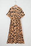 Khaki Leopard V Neck High Waist Buttoned Plus Maxi Dress