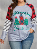 Plus size woman wearing Christmas tree plaid long sleeve shirt