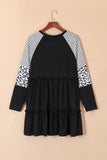 Black Plus Size Striped Leopard Patch Sleeve Ruffle Tiered Dress