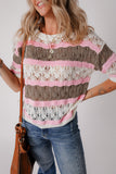 Brown Stripe Color Block Hollow Out Crochet Half Sleeve Sweater