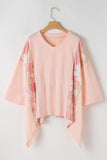 Apricot Pink Plus Size Flower Patchwork Exposed Seam High Low Top