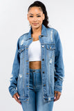 American Bazi Full Size Button Up Distressed Denim Jacket