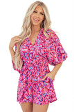 Pink Abstract Print Puff Sleeve V Neck High Waist Romper