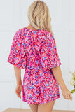 Pink Abstract Print Puff Sleeve V Neck High Waist Romper