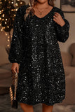 Color black Plus Size Bubble Sleeve V Neck Sequin Dress