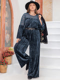 Plus Size Round Neck Flare Sleeve Top and Pants Set