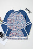 Blue Geometric Printed Lace Patchwork Ric Rac Raglan Long Sleeve Top