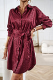 Apricot Sleek Leopard Long Sleeve Tie Waist Shirt Dress