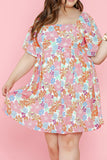 Multicolour Floral Puff Sleeve Square Neck Plus Babydoll Dress