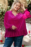 Bright Pink Plus Size Ruffled Sleeve V Neck Velvet Blouse