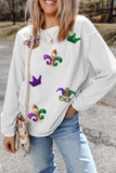 White Sequin Mardi Gras Symbol Crown Mask Patched Corded Sweatshirt