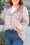 Bonbon Plaid Print Drawstring Hooded Button-up Plus Size Shirt