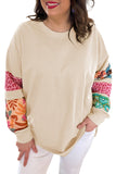 Rose Red Plus Size Printed Patchwork Sleeve Split Sweatshirt