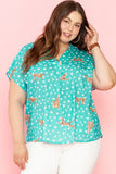 Green Cheetah Print V Neck Short Sleeve Plus Top