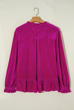 Bright Pink Plus Size Ruffled Sleeve V Neck Velvet Blouse