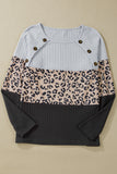 Pink Cheetah Textured Patchwork Buttoned Round Neck T Shirt