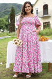 Pink Plus Size Floral Print Smocked Puff Sleeve Dress