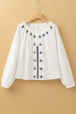 White Geometric Embroidered Long Sleeve Buttoned Blouse