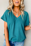 Blue Sapphire Crinkled V Neck Wide Sleeve T-shirt