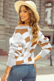 Orange Checkered Ribbed Edge O Neck Drop Shoulder Sweater