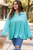 Turquoise Cordrd Balloon Sleeve Collar Plus Babydoll Top