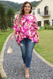 Red Floral Print Short Sleeve Plus Size Blouse