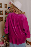 Bright Pink Plus Size Ruffled Sleeve V Neck Velvet Blouse