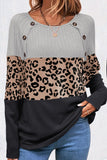 Pink Cheetah Textured Patchwork Buttoned Round Neck T Shirt