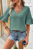 Beau Blue Ruffled Half Sleeve V Neck Textured Top