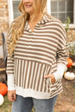 Brown Stripe Quarter Buttons Drop Sleeve Plus Size Hoodie