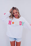 White Howdy Glitter Chenille Patch Graphic Casual Sweatshirt