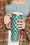 Blackish Green Checkered Print Handle Large Vacuum Cup 40OZ