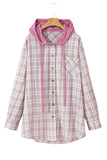 Bonbon Plaid Print Drawstring Hooded Button-up Plus Size Shirt