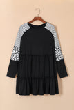 Black Plus Size Striped Leopard Patch Sleeve Ruffle Tiered Dress