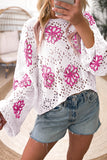 Beige Contrast Flower Print Eyelet Drop Shoulder Sweater