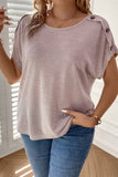 Plus Size Decorative Button Round Neck Short Sleeve T-Shirt