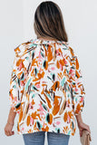 Yellow Abstract Print Drawstring Frilled V Neck 3/4 Sleeve Blouse