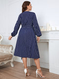 Honey Melo Apparel Plus Size Striped Surplice Neck Long Sleeve Dress