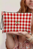 Fiery Red Cherry Plaid Print Wristlet Zipper Canvas Makeup Bag