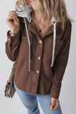 Pale Khaki Hooded Drawstring Pockets Corduroy Shacket