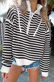 Khaki Stripe Zip up Collar Drop Shoulder Sweater