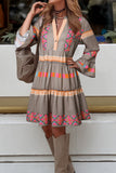 Black Ethnic Print Buttoned V Neck Bell Sleeve Ruffle Patchwork Dress