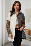 Gray Color Block Leopard Patched Corduroy Shacket